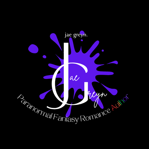 Logo of author Jae Greyn featuring stylized initials 'JG' in white against a purple ink splash background, with the tagline 'Paranormal Fantasy Romance Author' in white and rainbow colors.