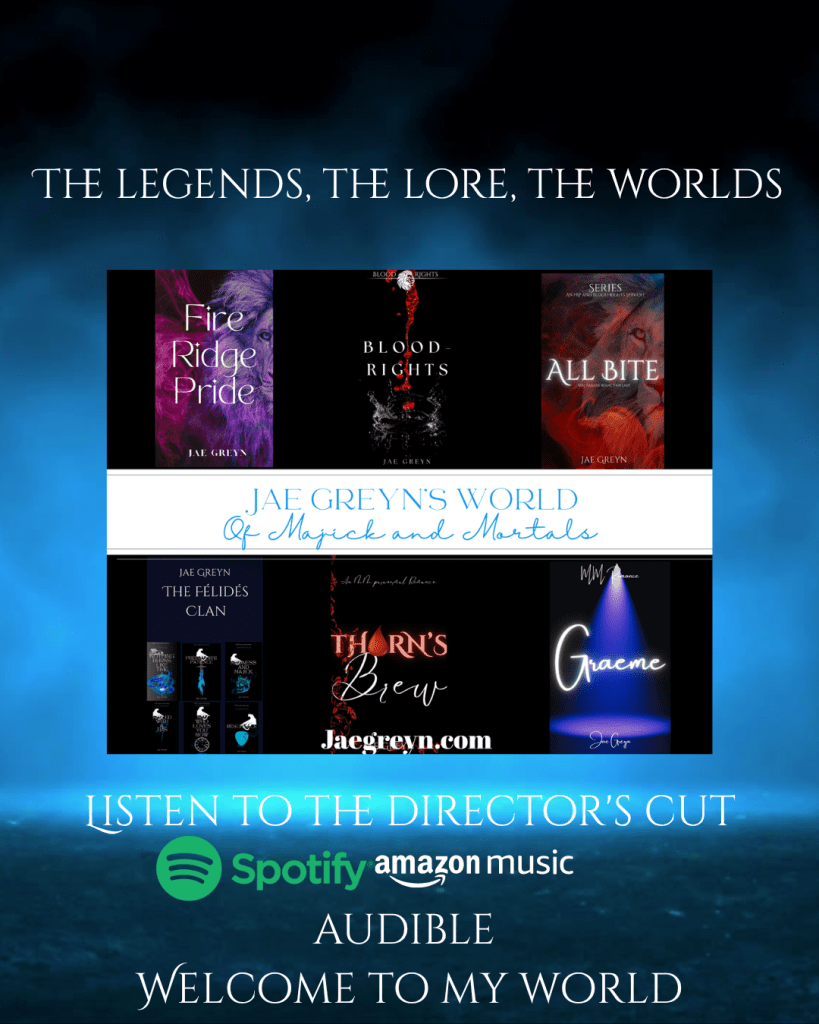 Promotional graphic for Jae Greyn's literary works featuring book covers and links to audio content on platforms like Spotify and Audible. The background includes a blue gradient with text highlighting legends and lore.
